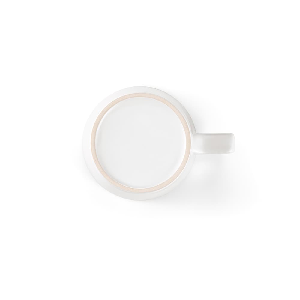 A ceramic mug with a matt finish in white, featuring a handle and simple design. It has a logo on the surface.