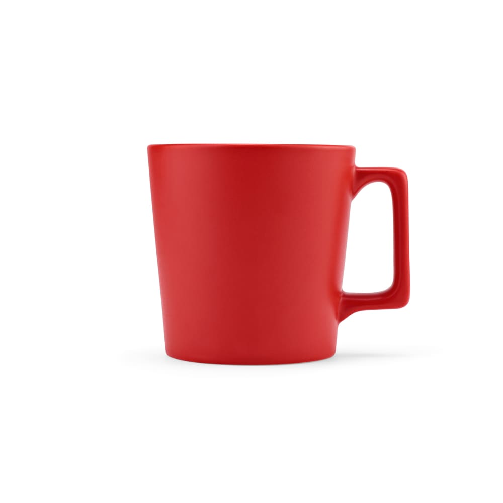 A ceramic mug in a matte red finish with a sturdy handle, holding 360ml of liquid. Features a logo.