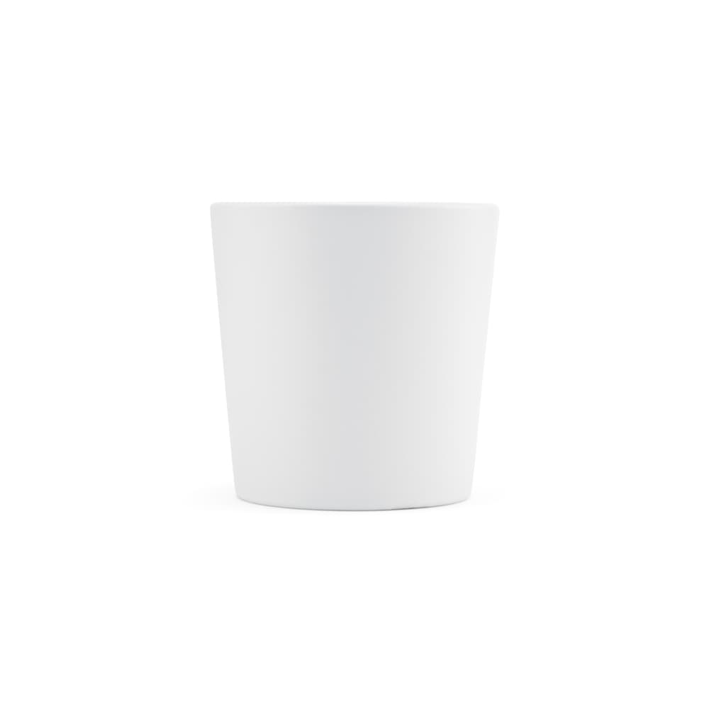 A ceramic mug with a matte white finish, featuring a simple design and a branding logo.