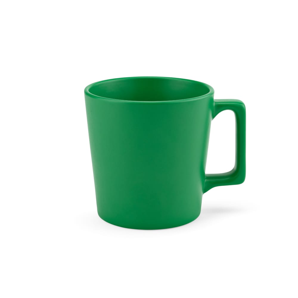 A green ceramic mug with a matt finish, featuring a simple design and a sturdy handle.