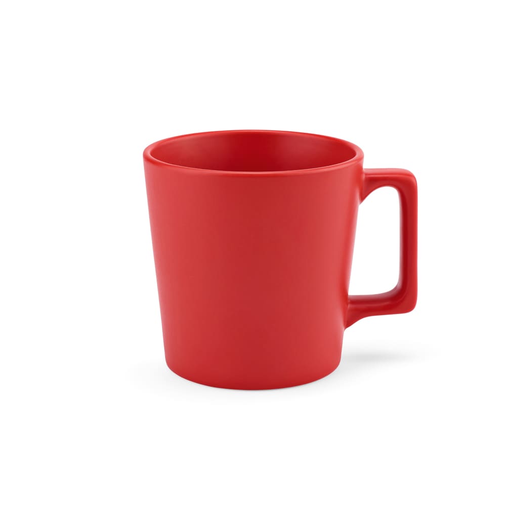 A red ceramic mug with a matt finish, featuring a sturdy handle and a capacity of 360ml.