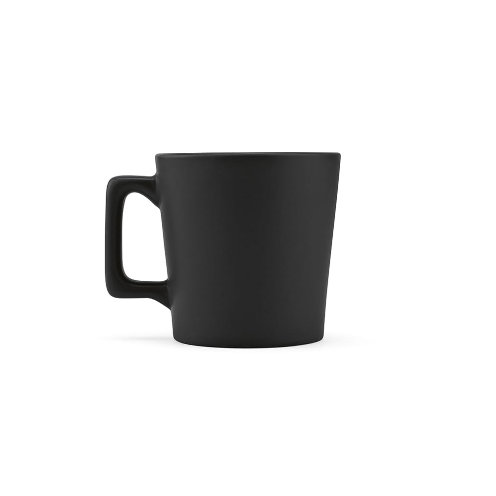 A ceramic mug in a matt finish with a sleek black design and a sturdy handle.