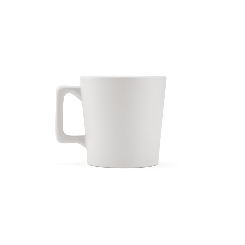 A ceramic mug with a matt white finish and a modern shape, featuring a handle and branding.
