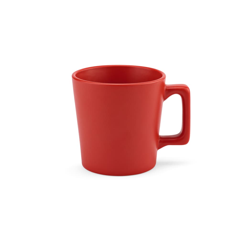A red ceramic mug with a matt finish and a comfortable handle, holding 270ml. It features a logo.