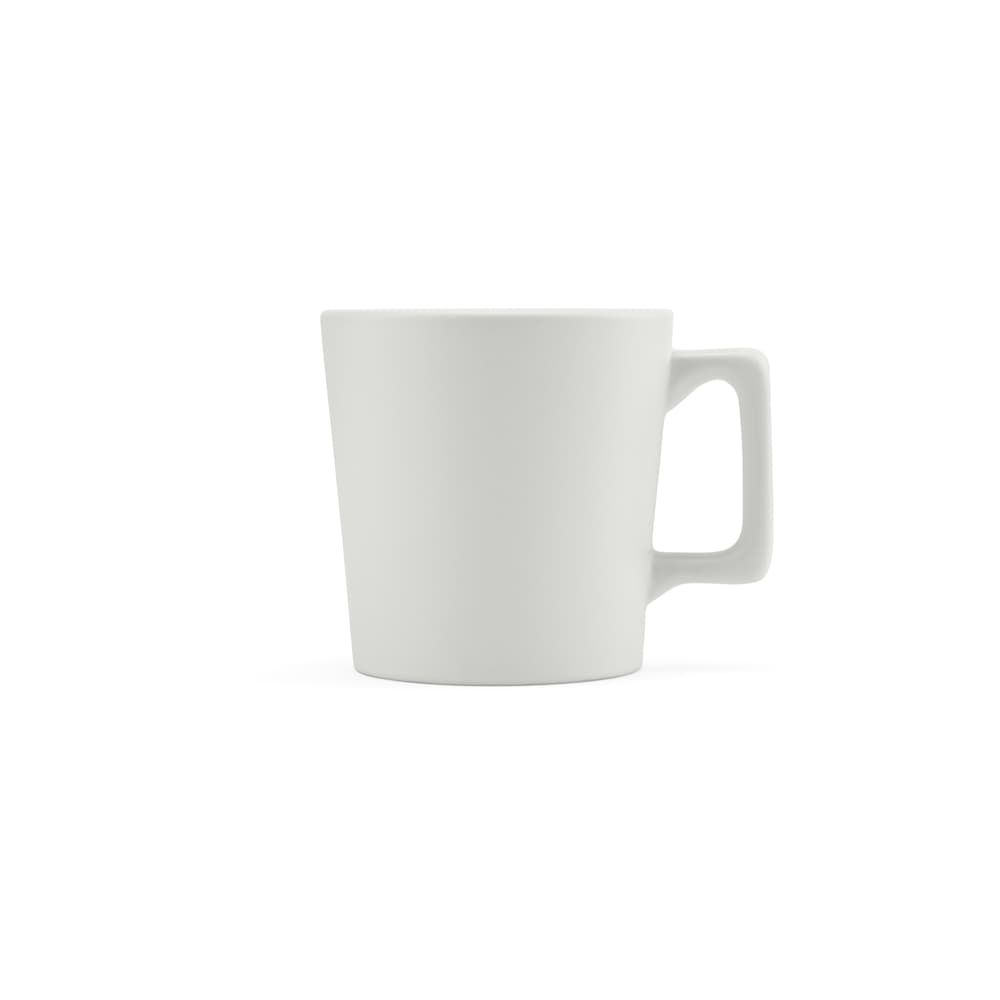 A ceramic mug with a matte finish, featuring a white colour and a sturdy handle.