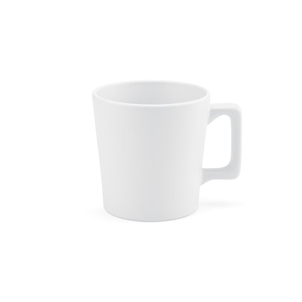 A ceramic mug with a matt finish, featuring a white colour and an ergonomic handle. It has a logo on the side.