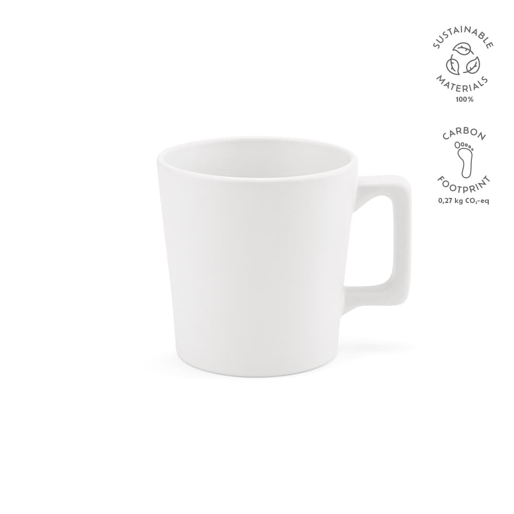 A ceramic mug with a matt finish, featuring a white colour and a handle, with a branding logo.