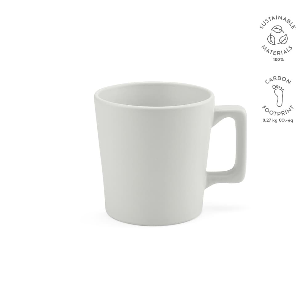 A ceramic mug with a matt white finish and a sturdy handle, featuring a logo on one side.