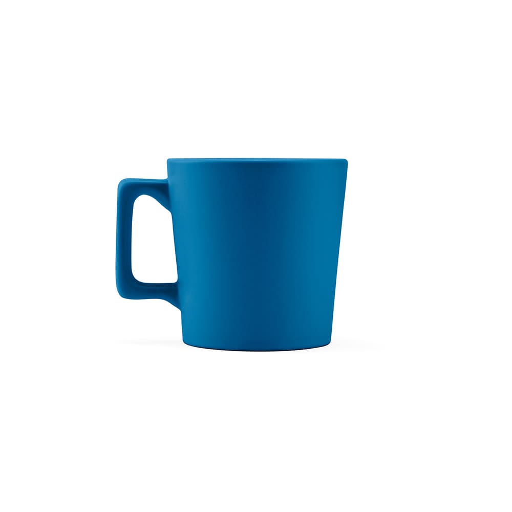 A ceramic mug with a matt blue finish, featuring a sturdy handle. Contains no logos or text.