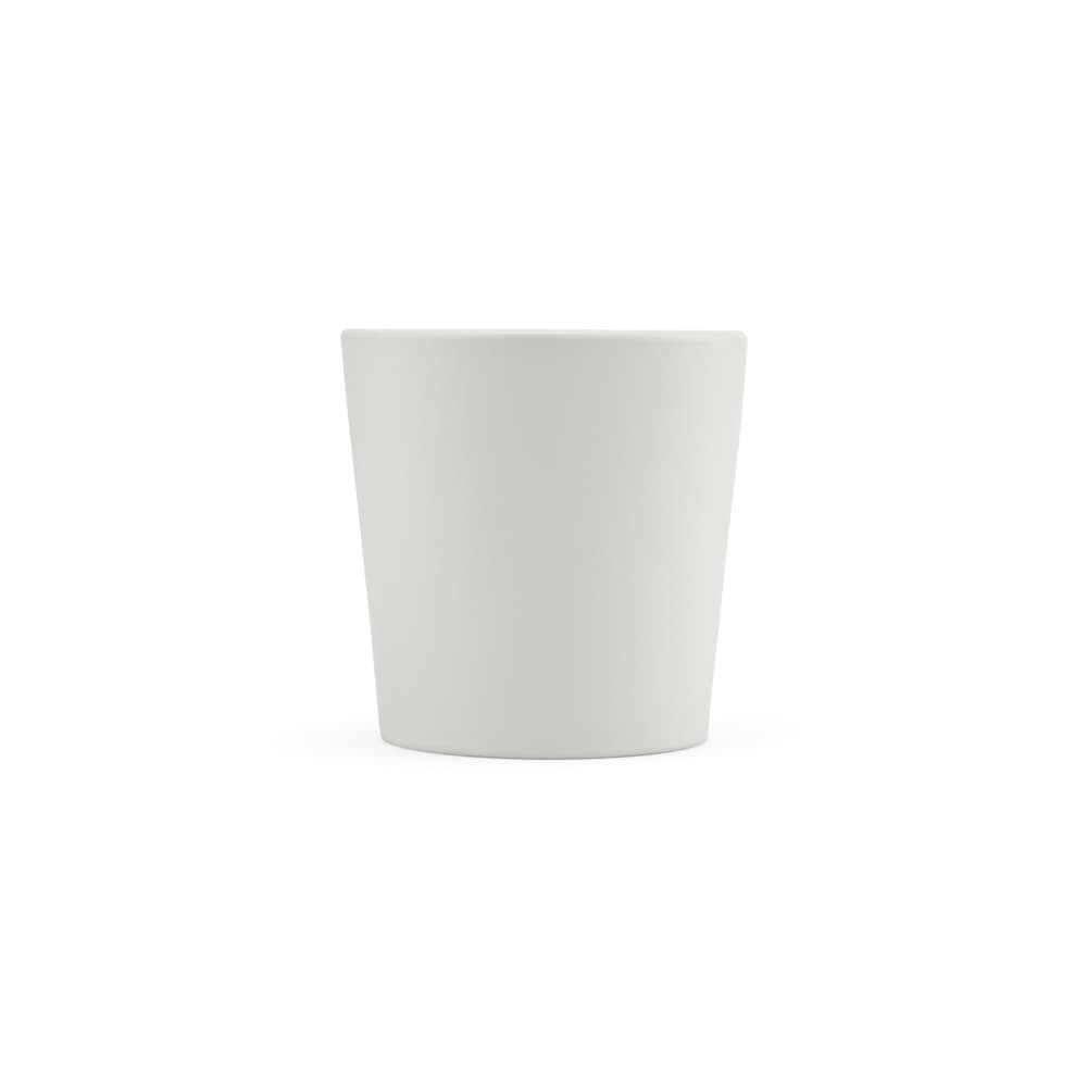 A ceramic mug with a matt white finish, featuring a simple design and a branding logo.