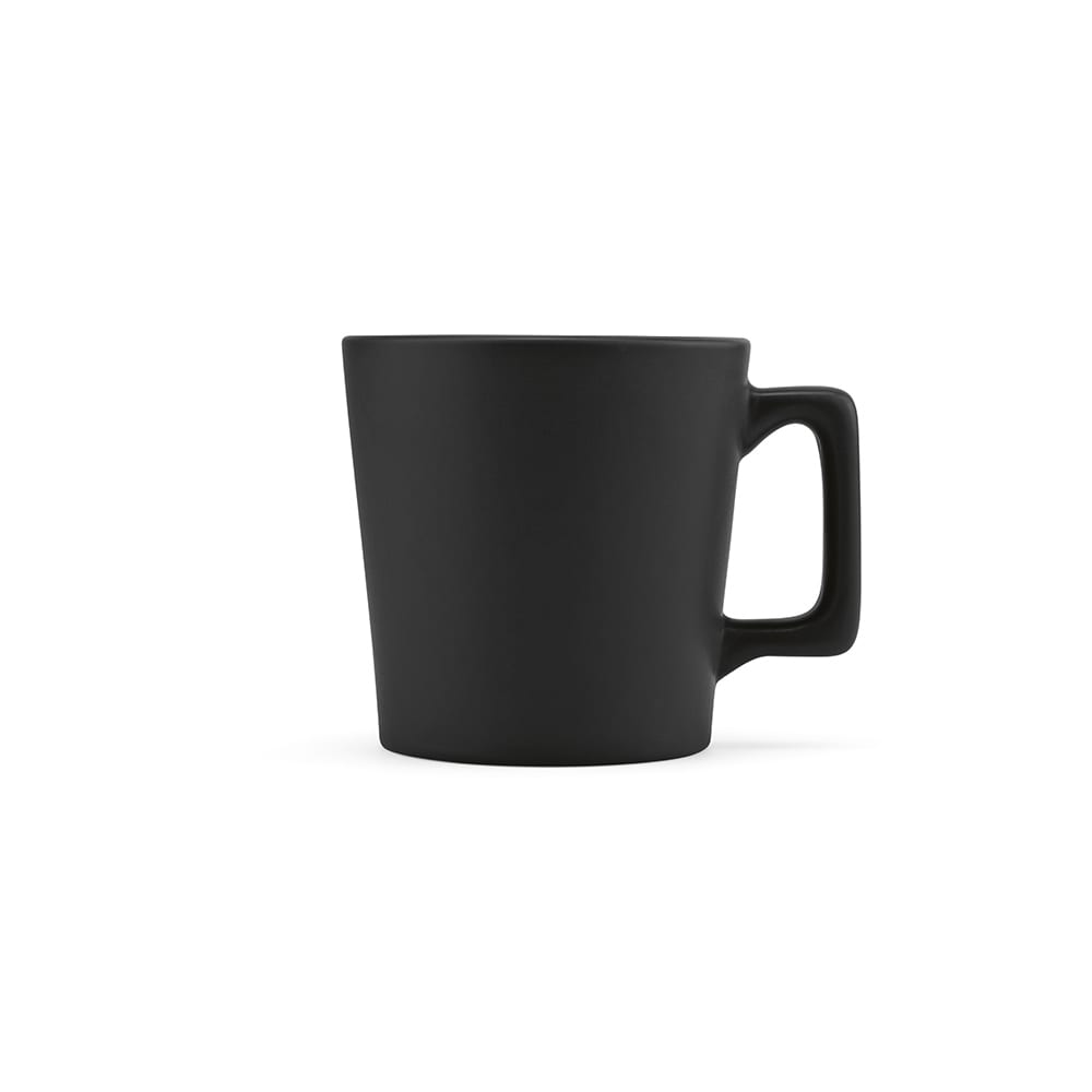 A ceramic mug with a matt black finish, featuring a sturdy handle and a modern design.