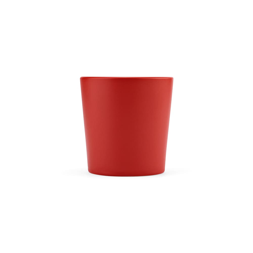 A ceramic mug with a matt finish in vibrant red, featuring a smooth, rounded shape and a branding logo.