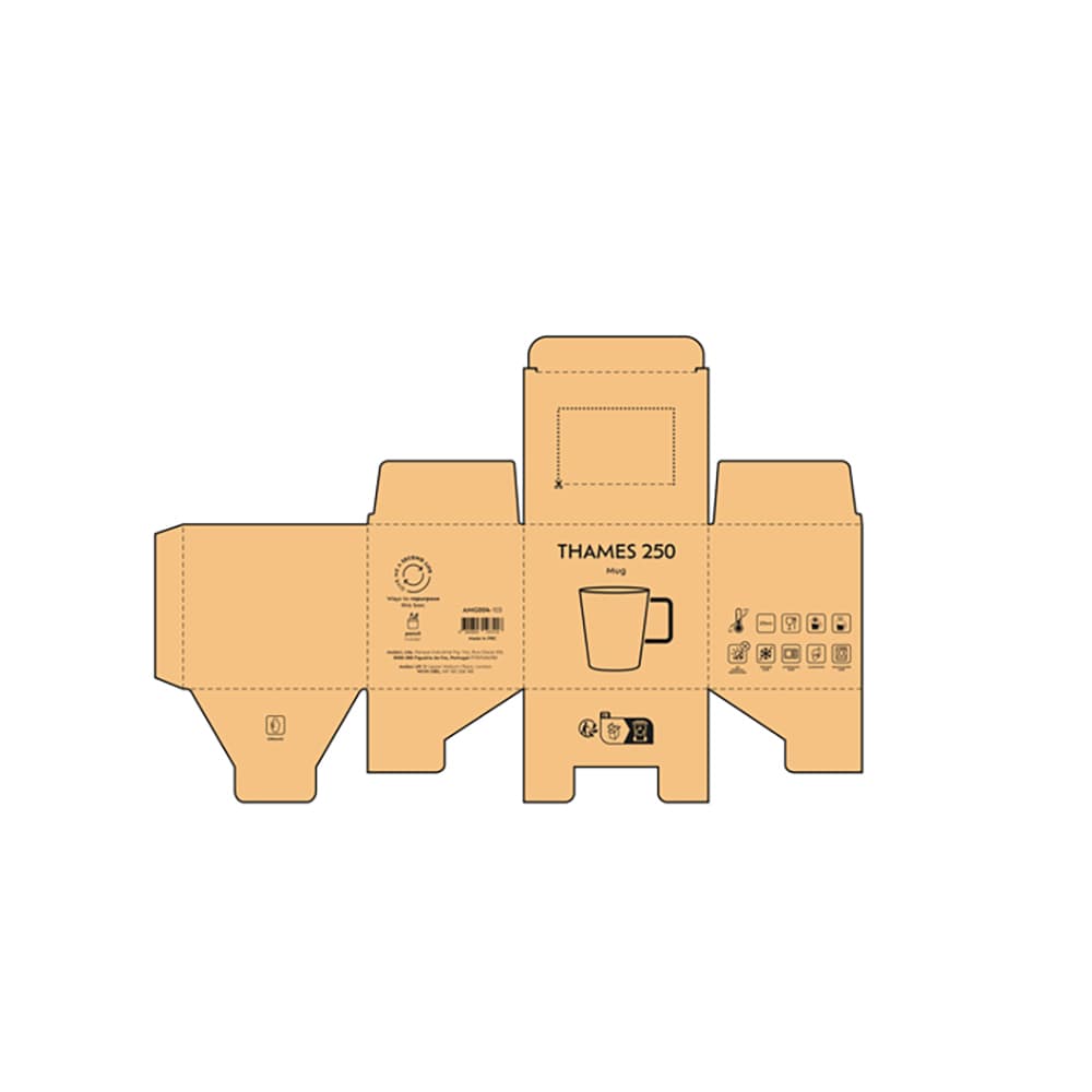 A brown packaging box for a Thames 250 ceramic mug. Features a matte finish and a logo.