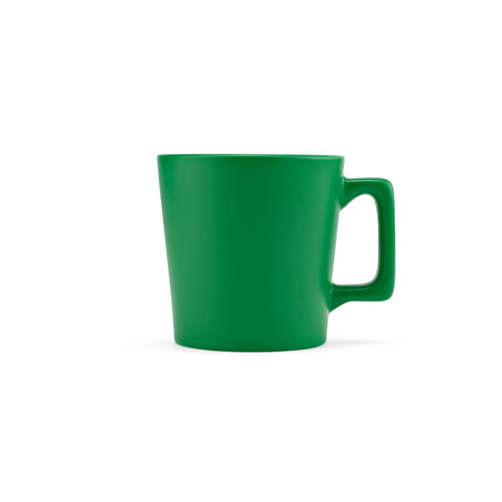 A green ceramic mug with a matt finish and a handle, featuring a logo. Holds 270ml of liquid.
