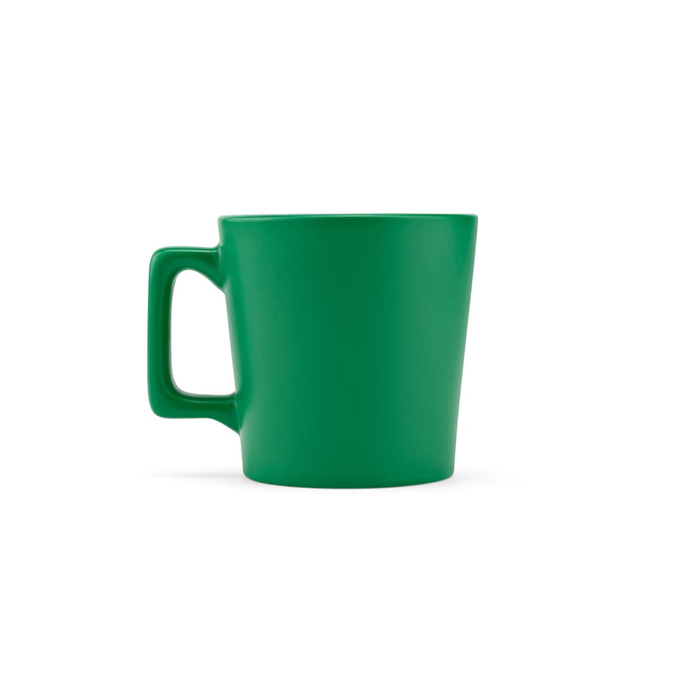 A ceramic mug with a matt finish in a vibrant green colour, featuring a handle and a simple design.