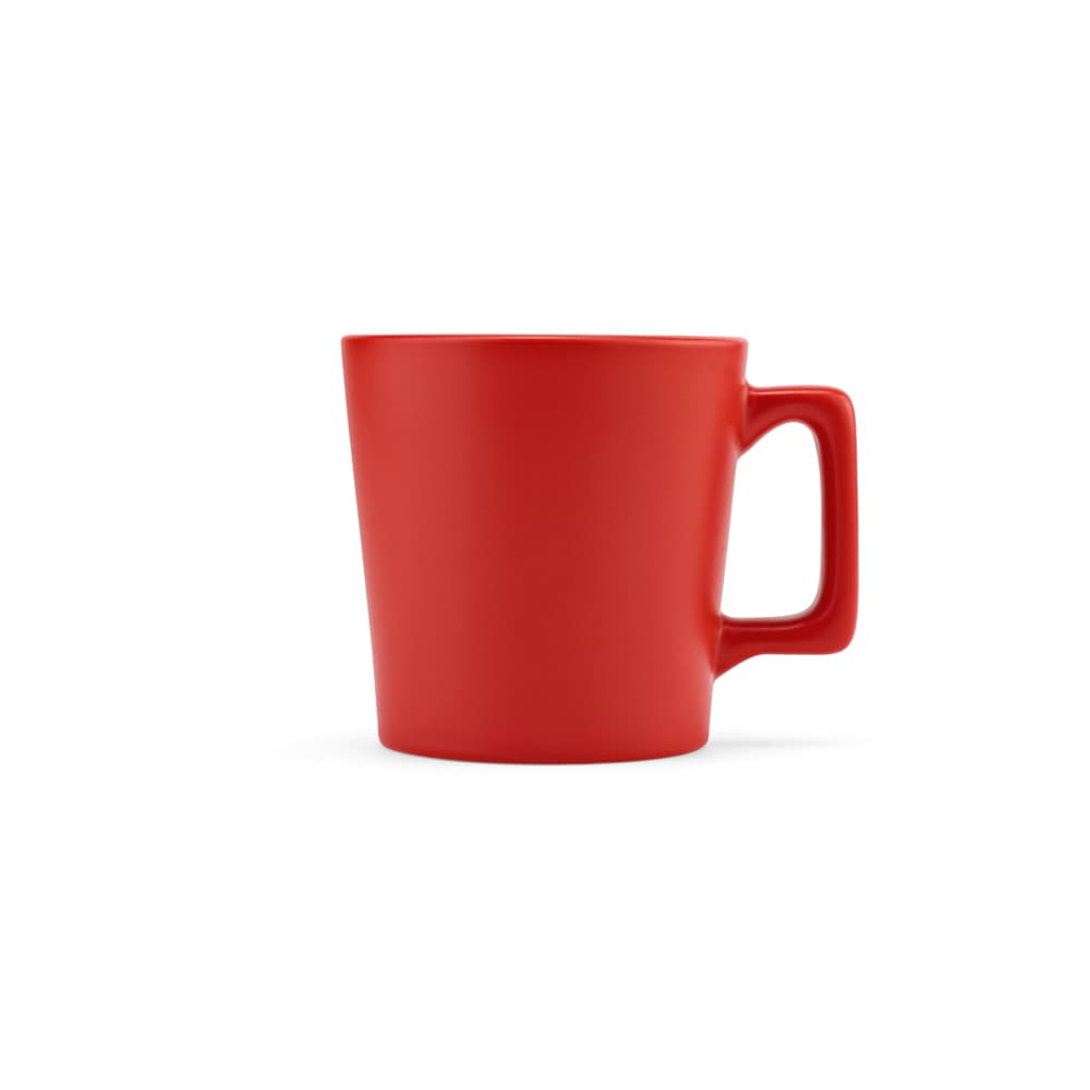 A ceramic mug with a matt red finish and a sturdy handle, featuring a branding logo.