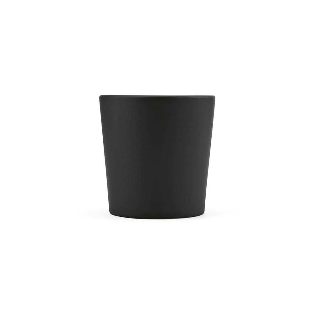 A ceramic mug with a matt black finish, featuring a simple design and a logo. Capacity of 270ml.