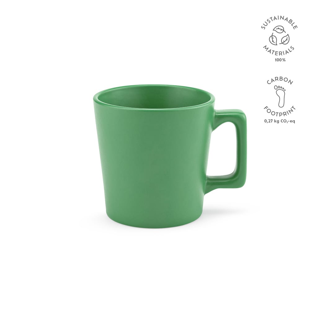 A green ceramic mug with a matt finish and a robust handle, featuring a logo on the side.