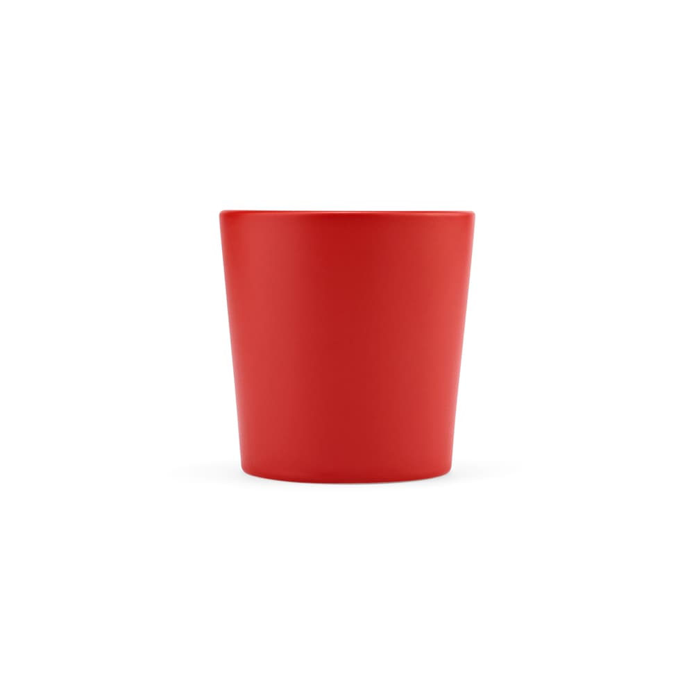A ceramic drink mug with a matt finish in a vibrant red colour. Features a logo on the surface.