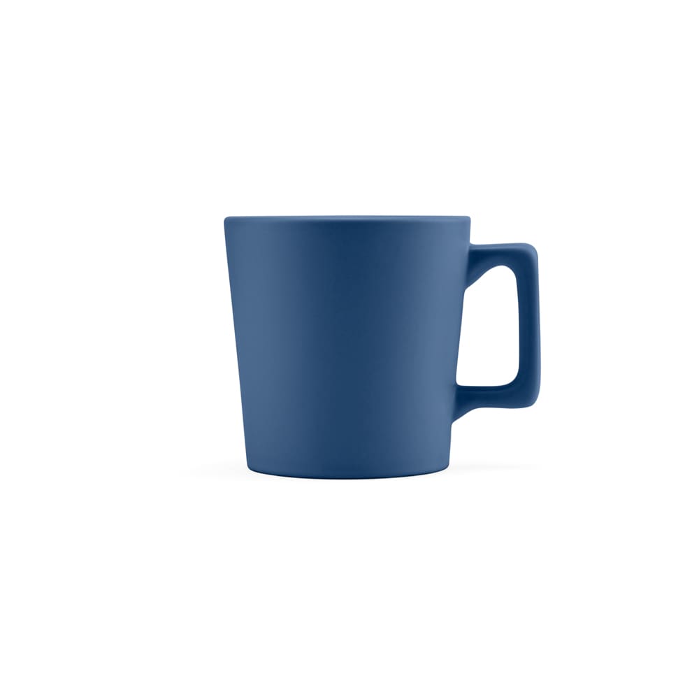 A ceramic mug with a matt finish, featuring a deep blue colour and a sturdy handle.