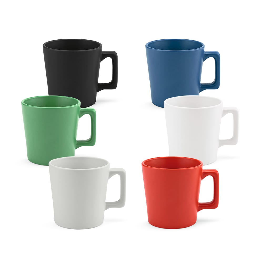 A set of ceramic mugs in black, blue, green, white, and red with a matt finish. Each mug has a handle.