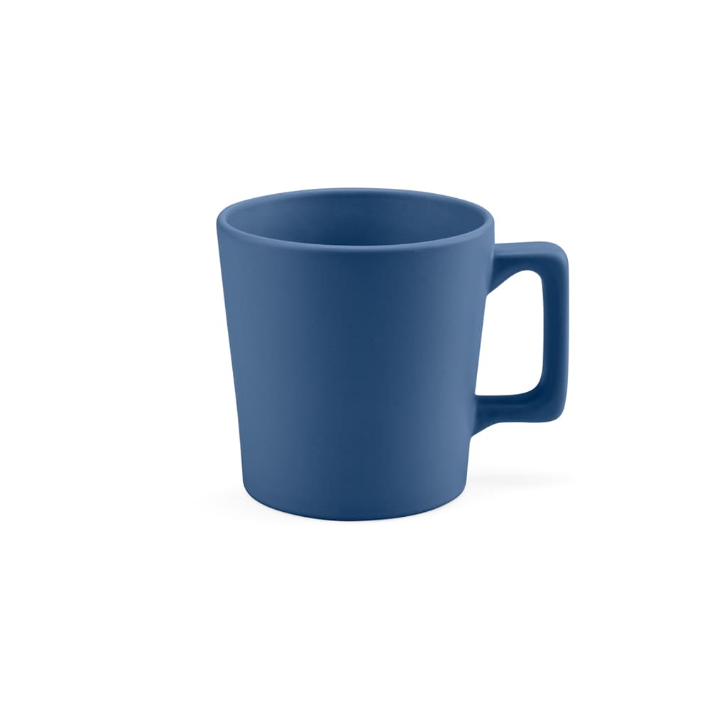 A ceramic mug with a matte finish in a deep blue colour, featuring a sturdy handle. It has an unbranded design.