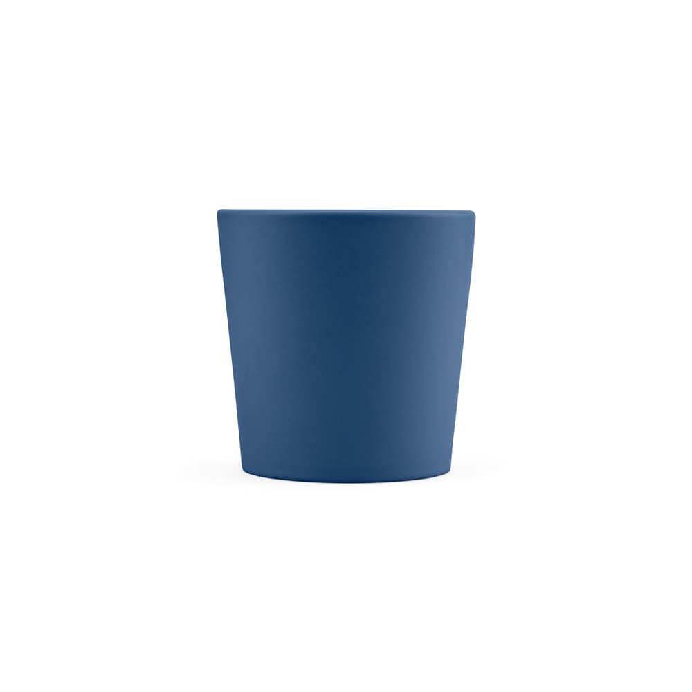 A ceramic mug with a matte finish, featuring a blue exterior and a logo on one side.