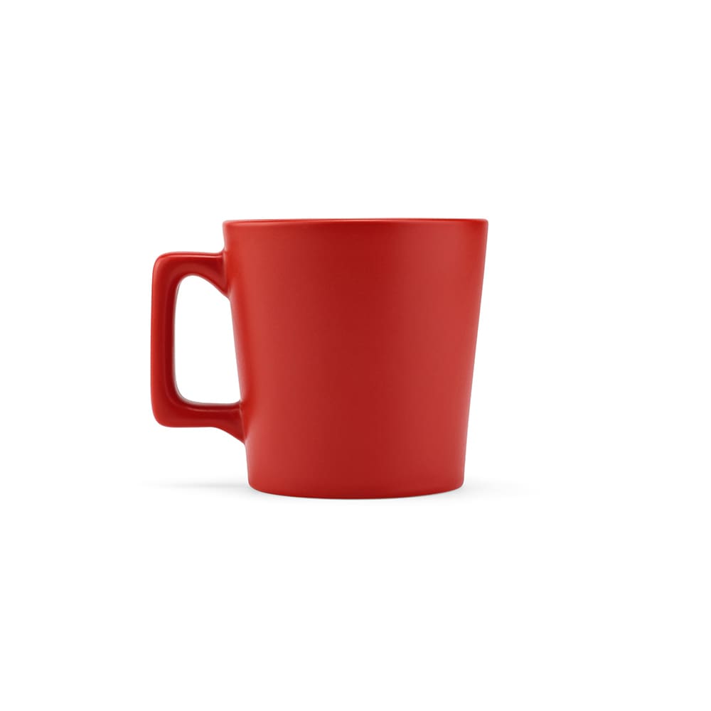 A red ceramic mug with a matt finish, featuring a sturdy handle. Suitable for beverages, holds 270ml.