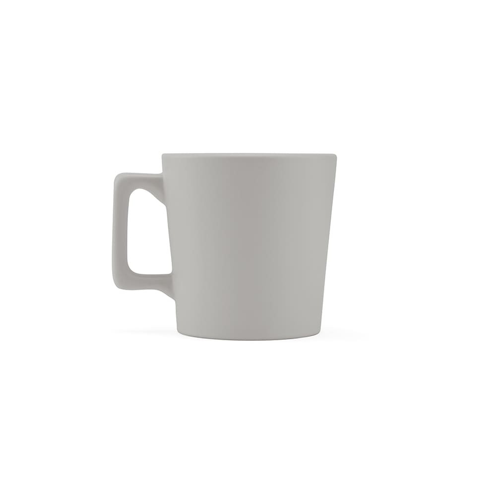A ceramic mug with a matt finish, featuring a pale grey colour and a modern design. It has a handle and is 270ml.
