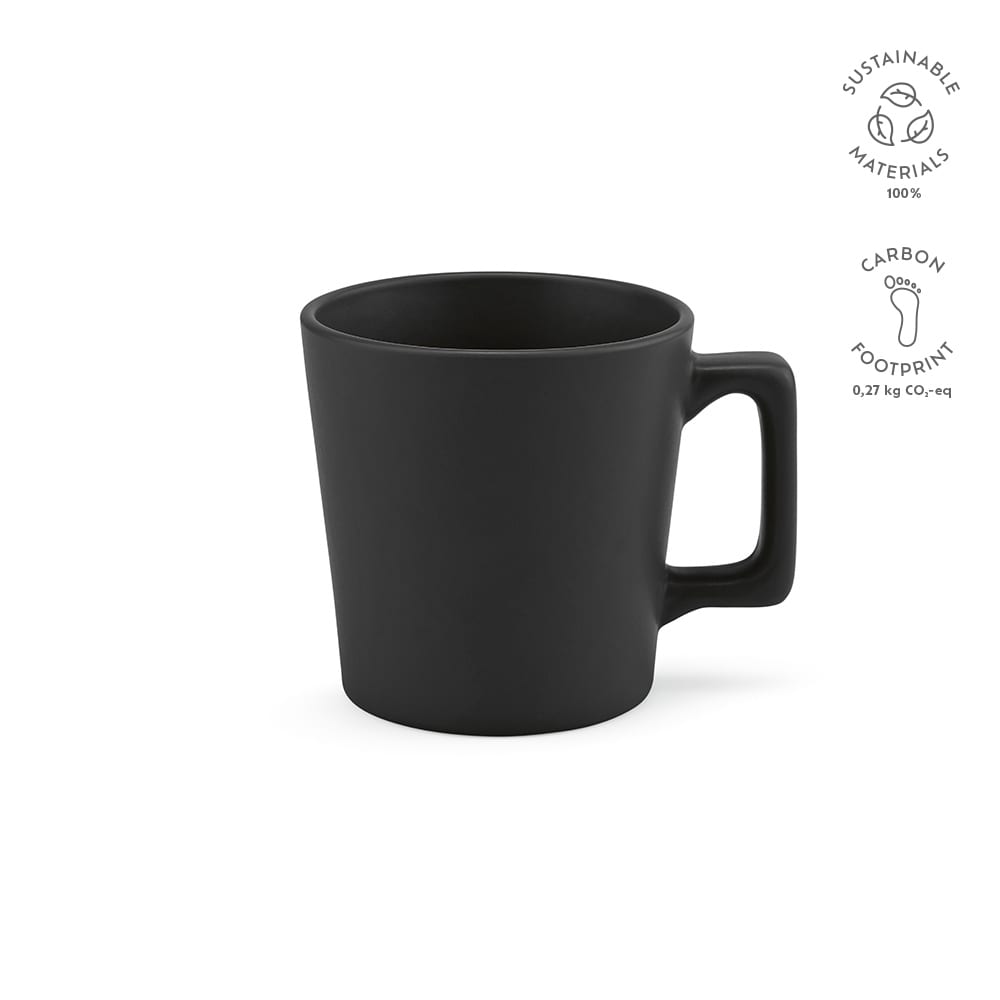 A ceramic mug with a matte black finish, featuring a handle and a logo. Holds 270ml.
