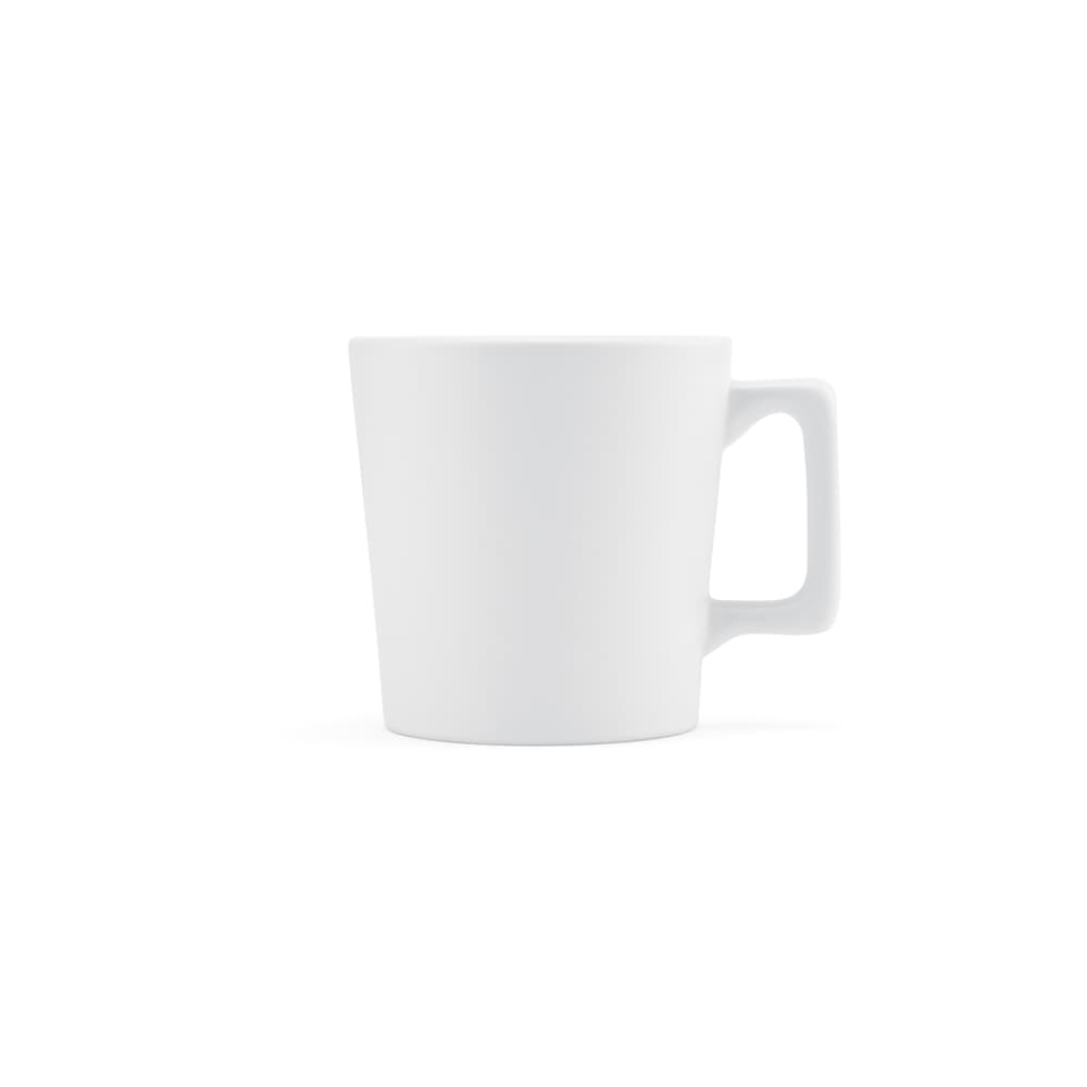 A ceramic mug with a matte white finish, featuring a sturdy handle and a cylindrical shape.