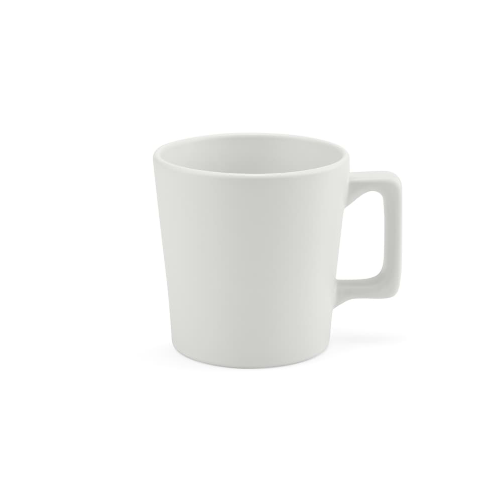 A ceramic mug with a matt white finish and a unique handle design, holding 270ml. Features a logo.