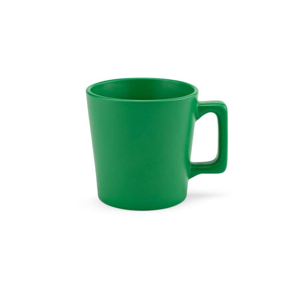 A green ceramic mug with a matt finish and a handle, featuring a simple and modern design.