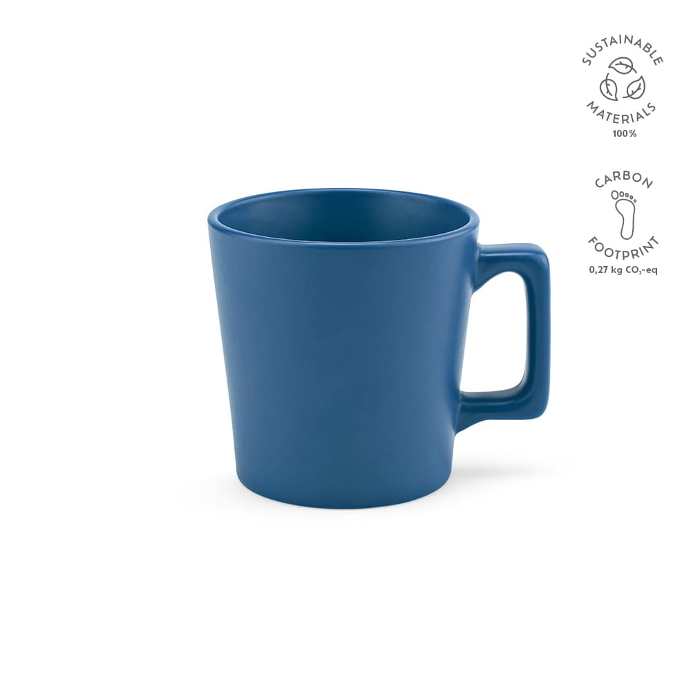 A ceramic mug with a matte blue finish, featuring a sturdy handle and a sleek design. It has a logo on the side.