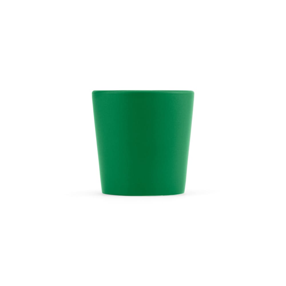 A green ceramic mug with a matte finish, featuring a simple design and a logo. Capacity of 75ml.
