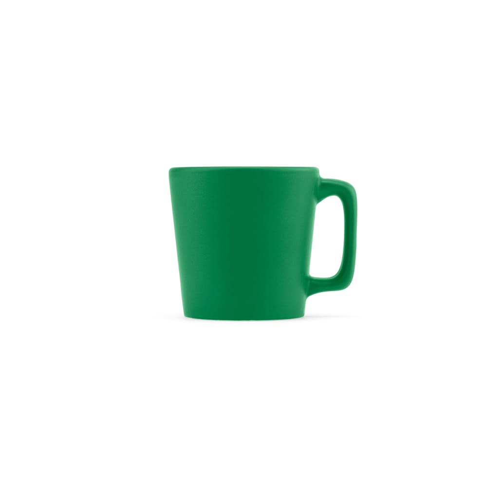 A green ceramic mug with a matte finish and a single handle, holding 75ml. It features a logo on the surface.