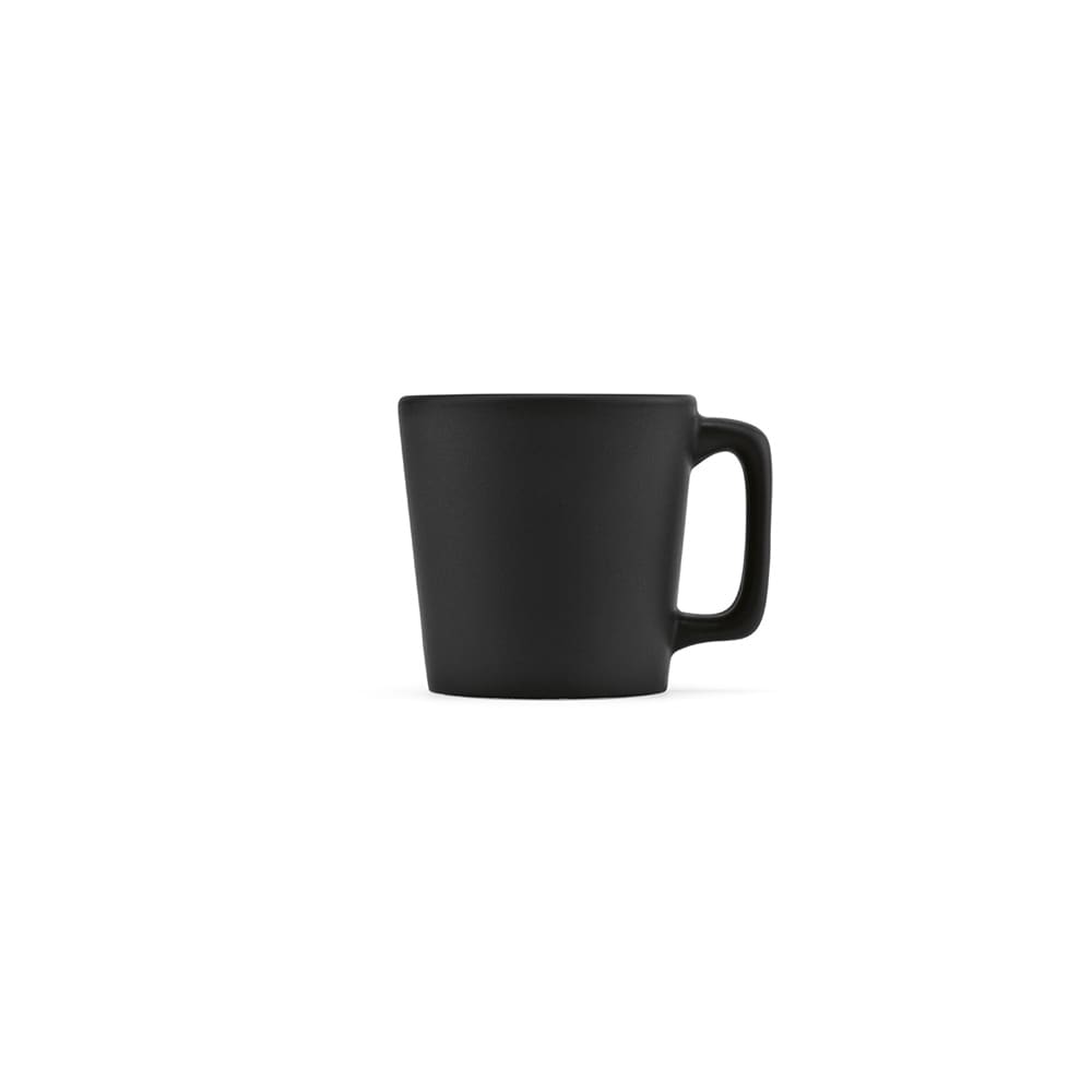 A ceramic mug with a matte black finish, featuring a sturdy handle and a tapered design.