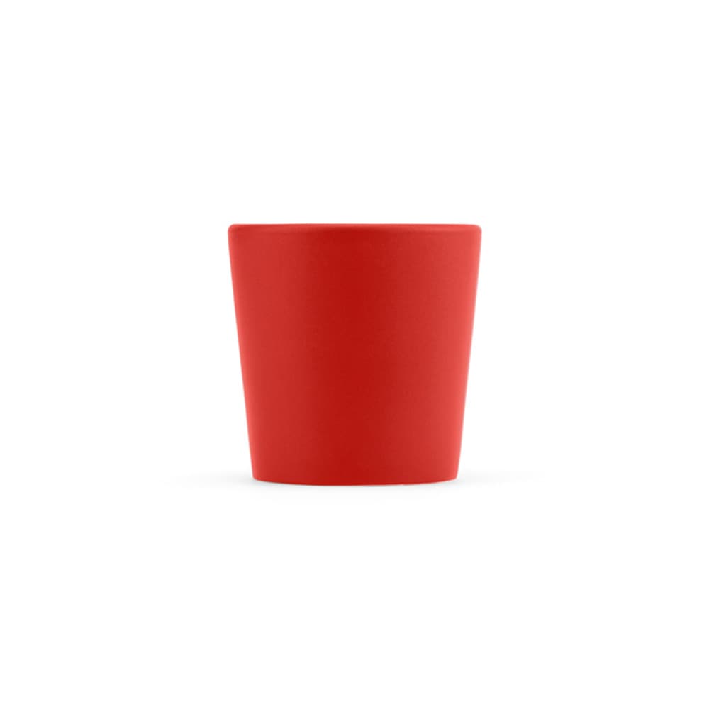 A ceramic mug with a matt finish in vibrant red, featuring a rounded design and no visible branding.