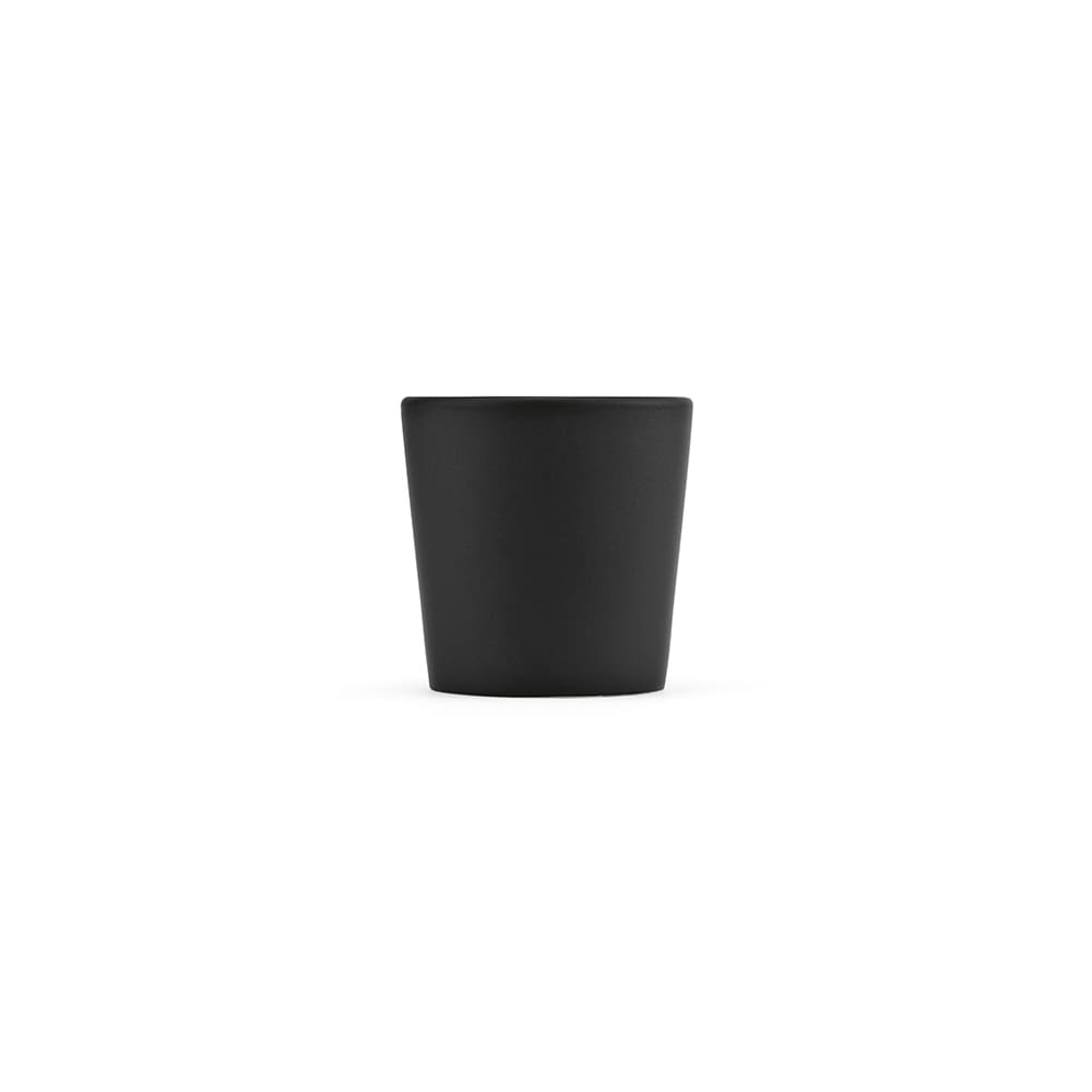 A ceramic mug in a matte black finish, with a simple design and no visible logos or branding.