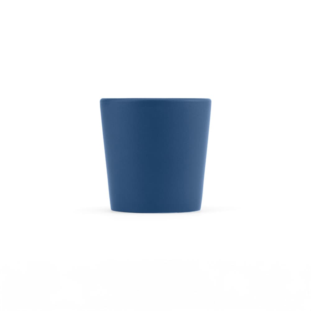 A ceramic mug with a matte blue finish, featuring a simple design and an interior space of 75ml.