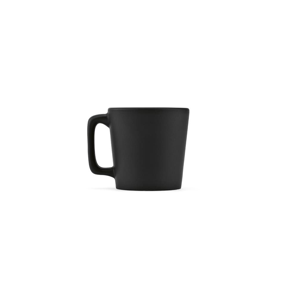 A ceramic mug with a matte black finish and a curved handle, featuring a simple design and a logo.