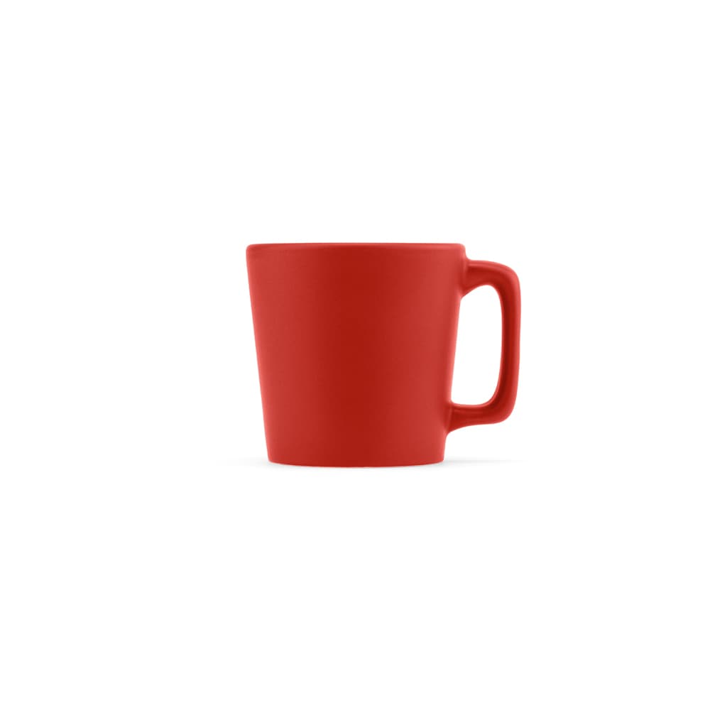 A ceramic mug with a matt finish, featuring a red colour and a bold, curved shape. It has a sturdy handle and no visible branding.