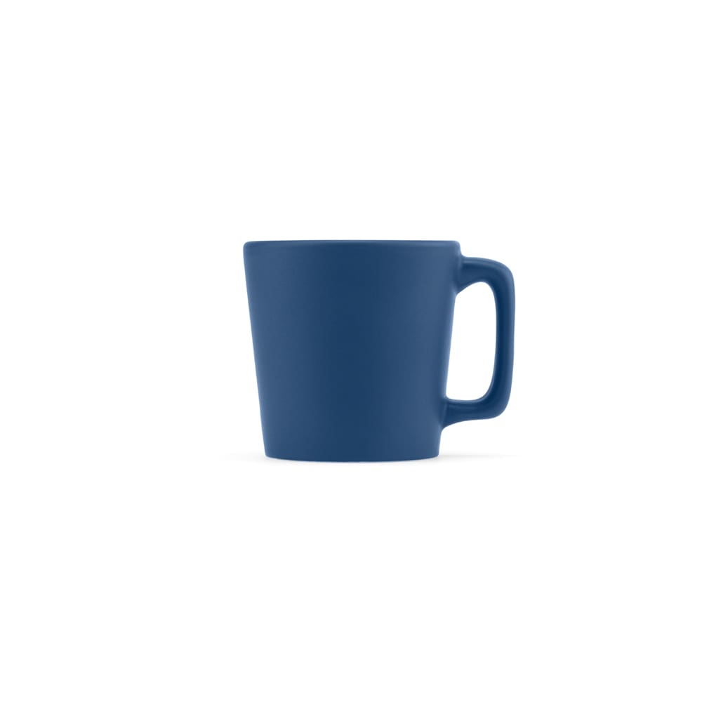 A navy blue ceramic mug with a matt finish, featuring a handle and a tapered design.