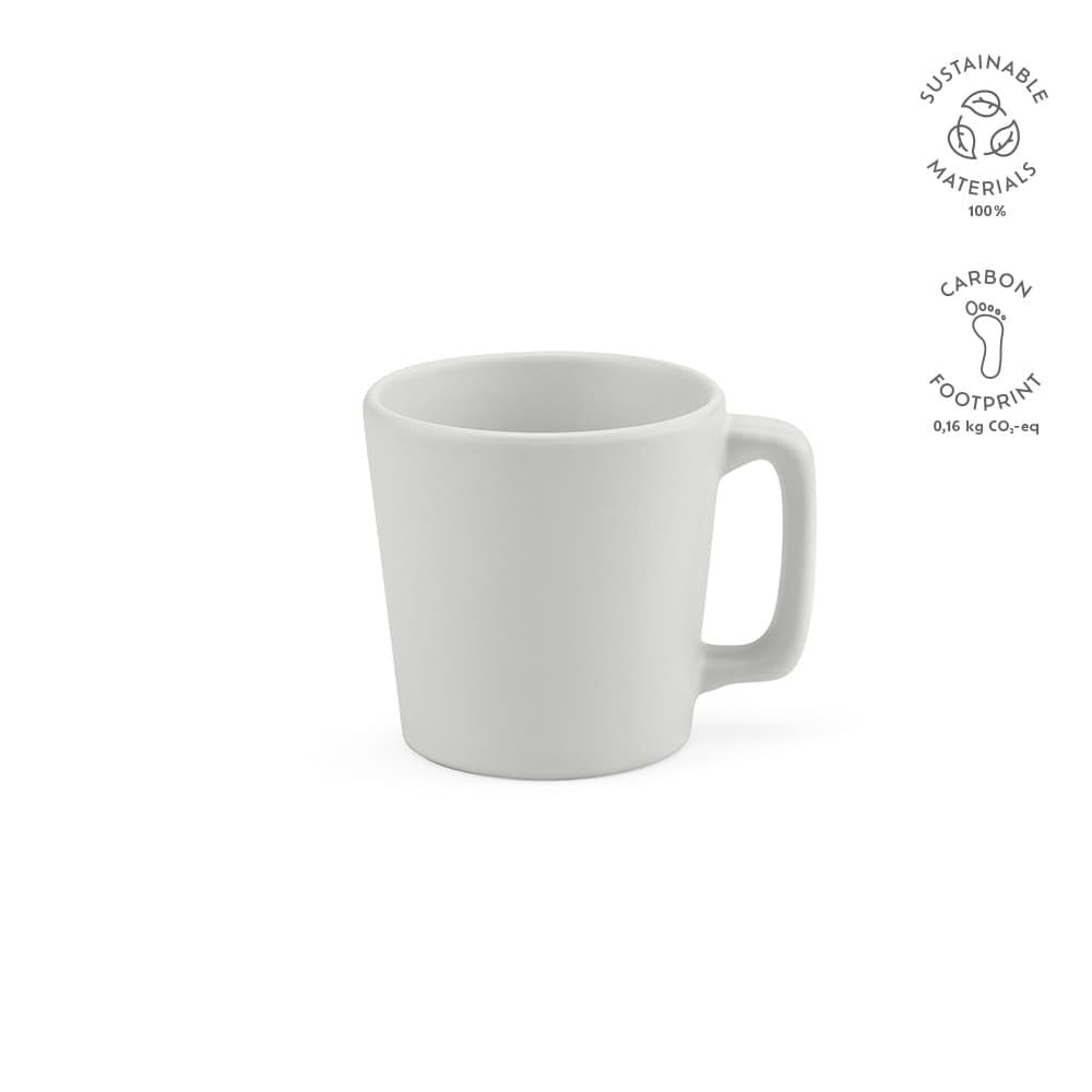 A ceramic mug with a matte finish, featuring a handle and a minimalist design in white. It has a branding logo.