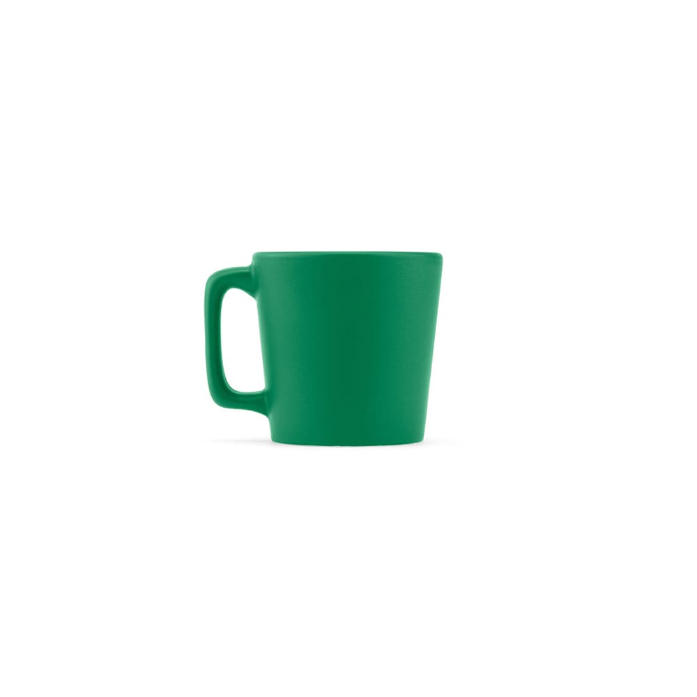 A green ceramic mug with a matt finish, featuring a single handle and a tapered design. Includes a logo.