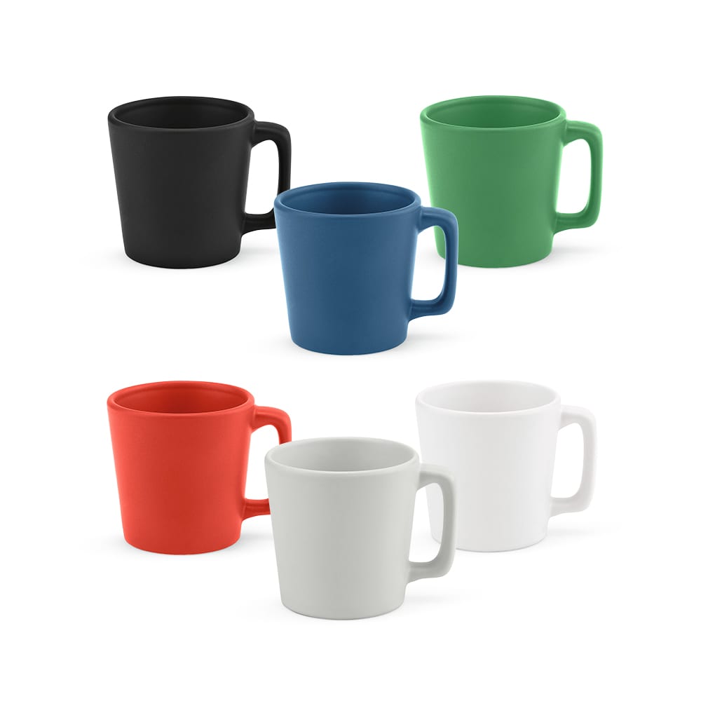 A set of six ceramic mugs in black, green, blue, red, white, and grey with a matt finish and a handle.