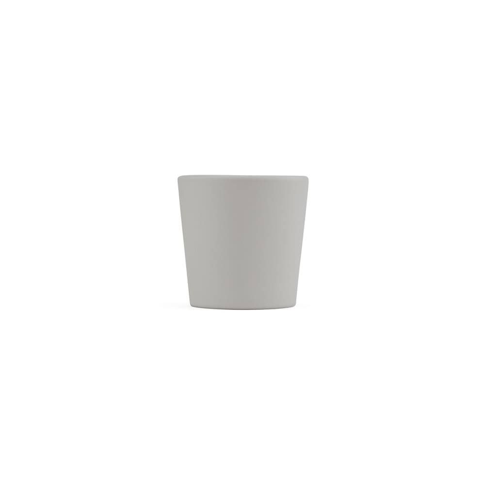 A ceramic mug with a matte finish in a light grey colour, featuring a simple design and a logo.