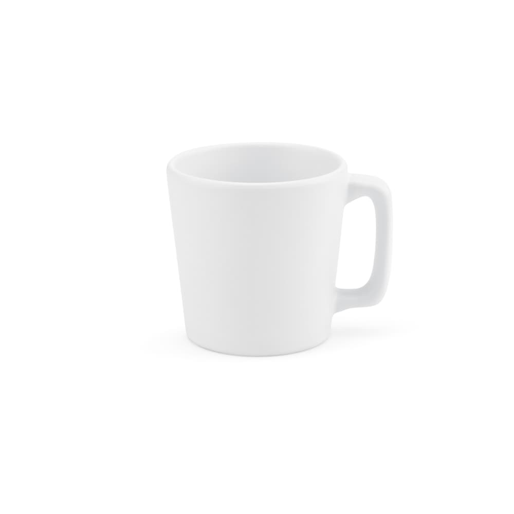 A ceramic mug with a matt finish, featuring a white colour and a simple, modern design.
