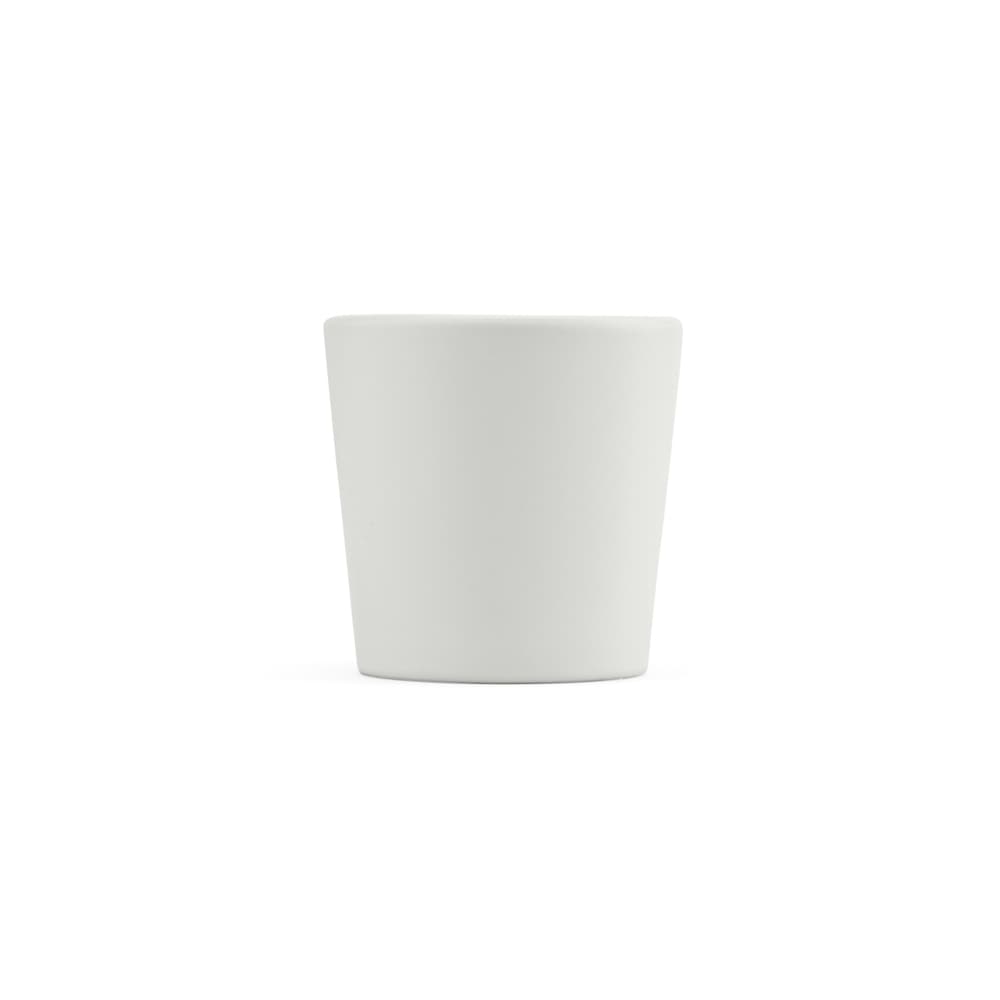 A ceramic mug with a matte white finish, featuring a simple design and a logo. Holds 75ml.