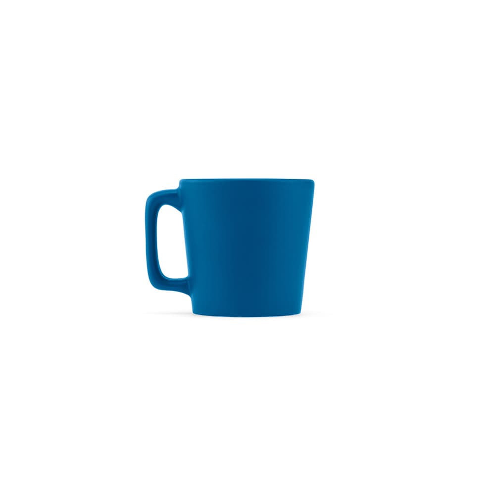 A blue ceramic mug with a matt finish and a handle, designed for a capacity of 75ml. It features a logo.